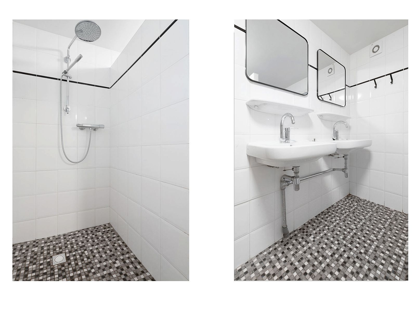 Modernes Badezimmer im Bungalow Schoonoord, Doorn, Utrechtse Heuvelrug, mit stilvoller Dusche und Doppelwaschbecken fuer hoechsten Komfort.