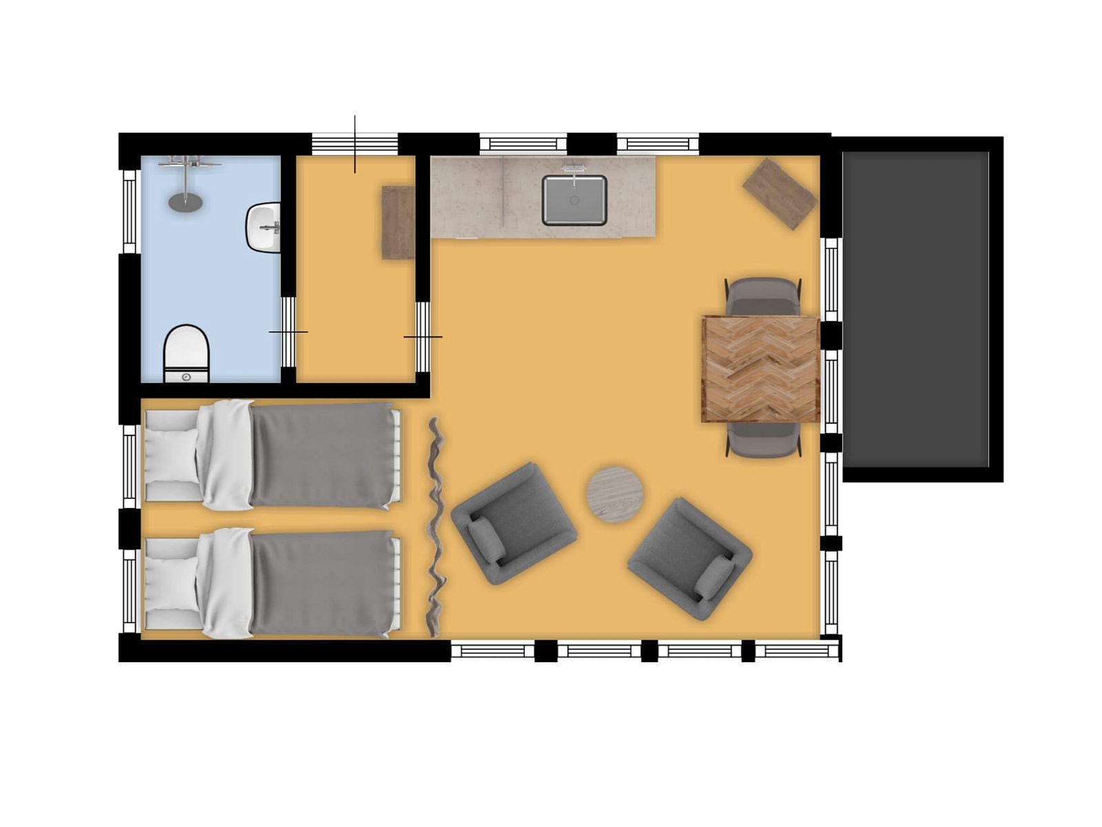 Plattegrond van Bungalow Ficus, Doorn, Utrechtse Heuvelrug, indeling van vakantiehuis.