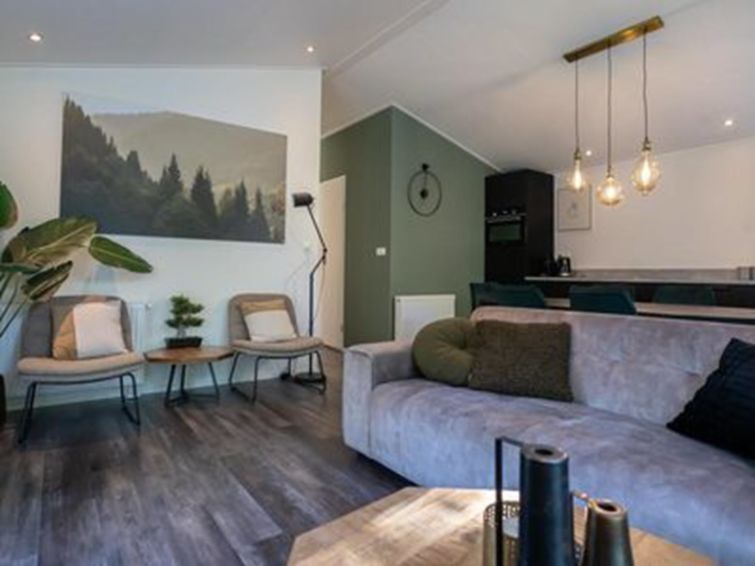 Stijlvolle woonkamer in Vakantiehuis De Thijmse Berg in Rhenen, Utrecht, met moderne decoratie.