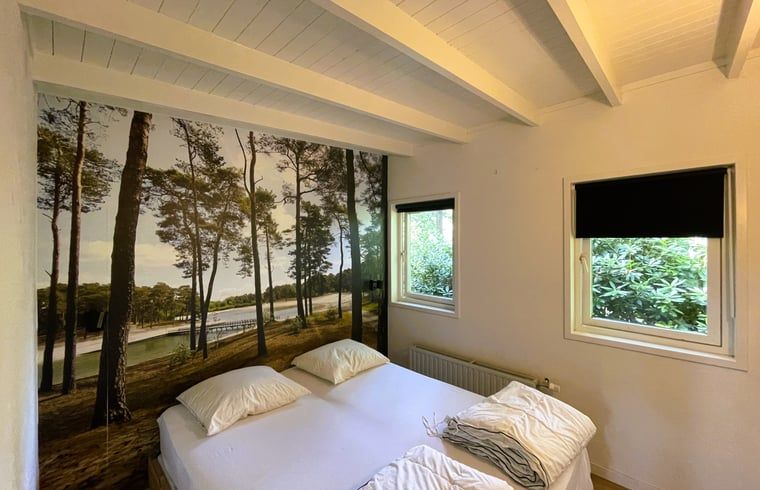 Bedroom with double bed in Holiday home in Maarn, Utrechtse Heuvelrug, with forest landscape as mural.