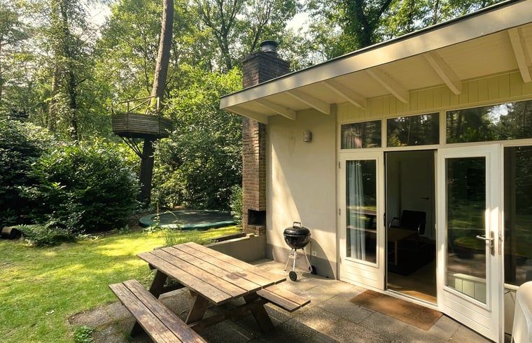 Terrace with picnic table at Holiday home in Maarn, Utrechtse Heuvelrug, surrounded by greenery.