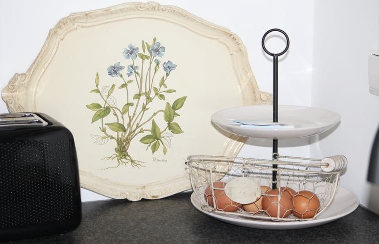 Keukendeur en gang in Vakantiehuisje in Achterveld, Utrechtse Heuvelrug, met blauwe accenten.