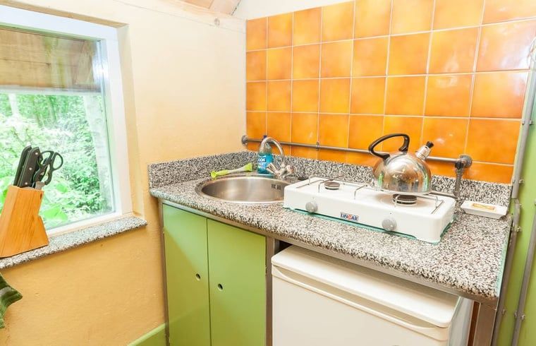 Compacte keuken in vakantiehuis Leerdam, Utrecht met uitzicht op tuin.