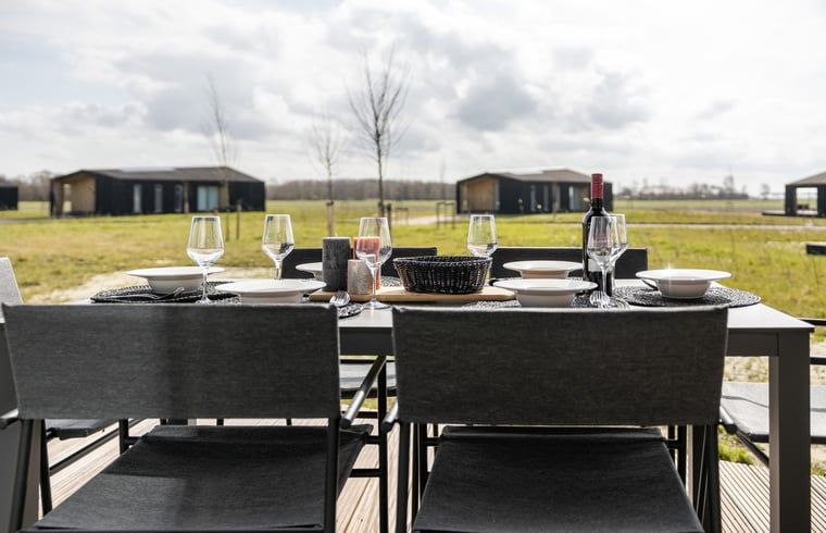 Die Aussenterrasse des Ferienhauses in Wissenkerke bietet einen Panoramablick auf die gruene Umgebung von Nord-Beveland, Zeeland.