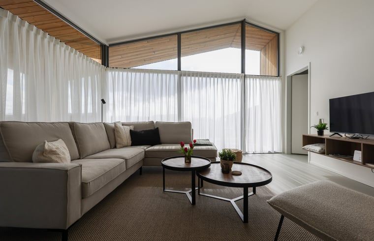Modernes Wohnzimmer im Ferienhaus in Wissenkerke mit stilvoller Einrichtung in Noord-Beveland, Zeeland.