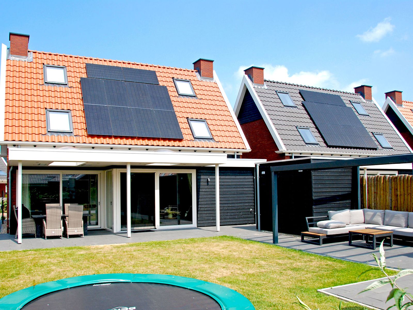 Backyard of Holiday Home Ganuenta in Colijnsplaat, North Beveland with trampoline and ample seating.