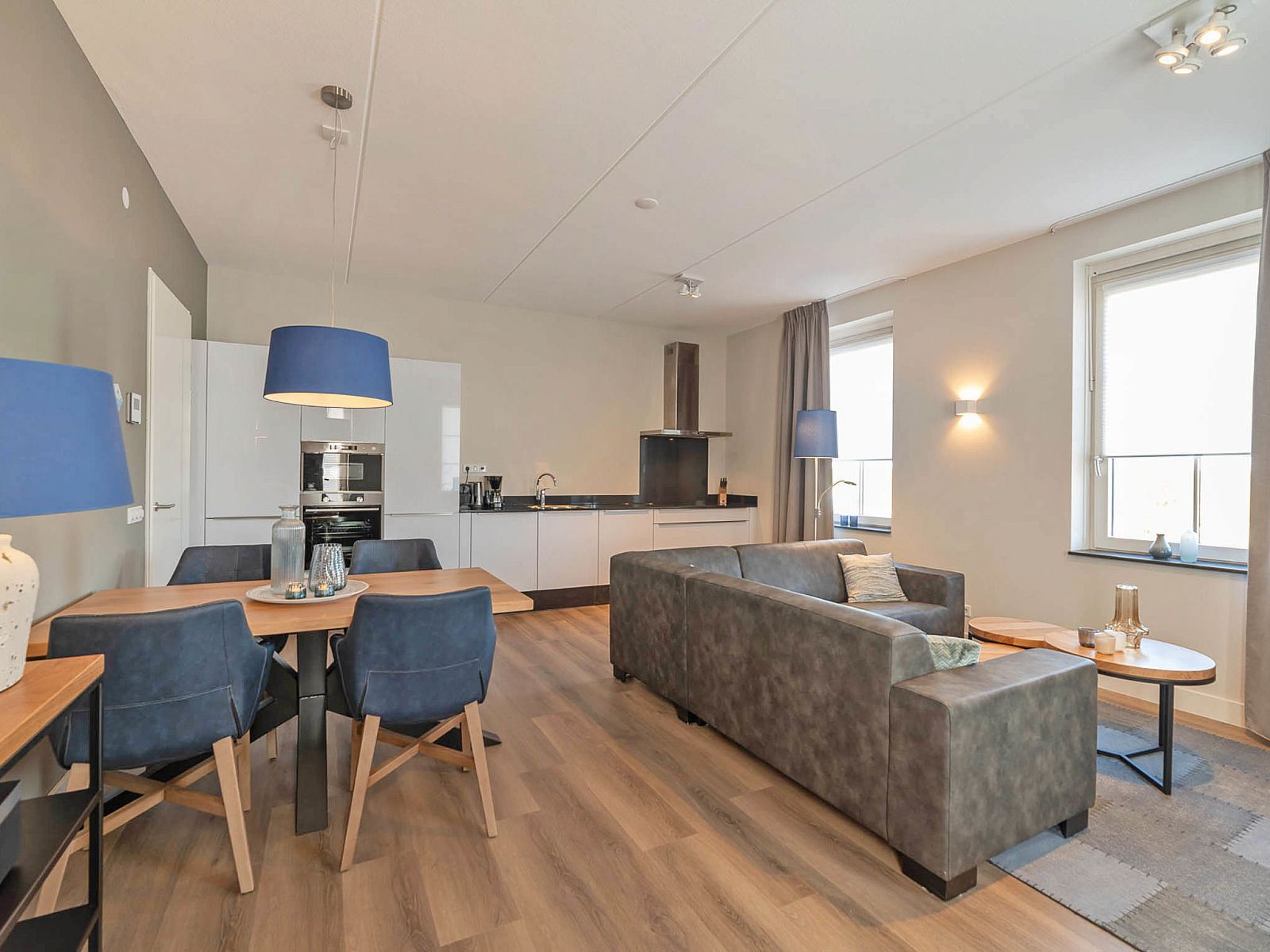 Offenes Wohnzimmer und Kueche im Apartment Ganuenta, Colijnsplaat, Noord-Beveland, mit moderner Einrichtung und viel Licht.