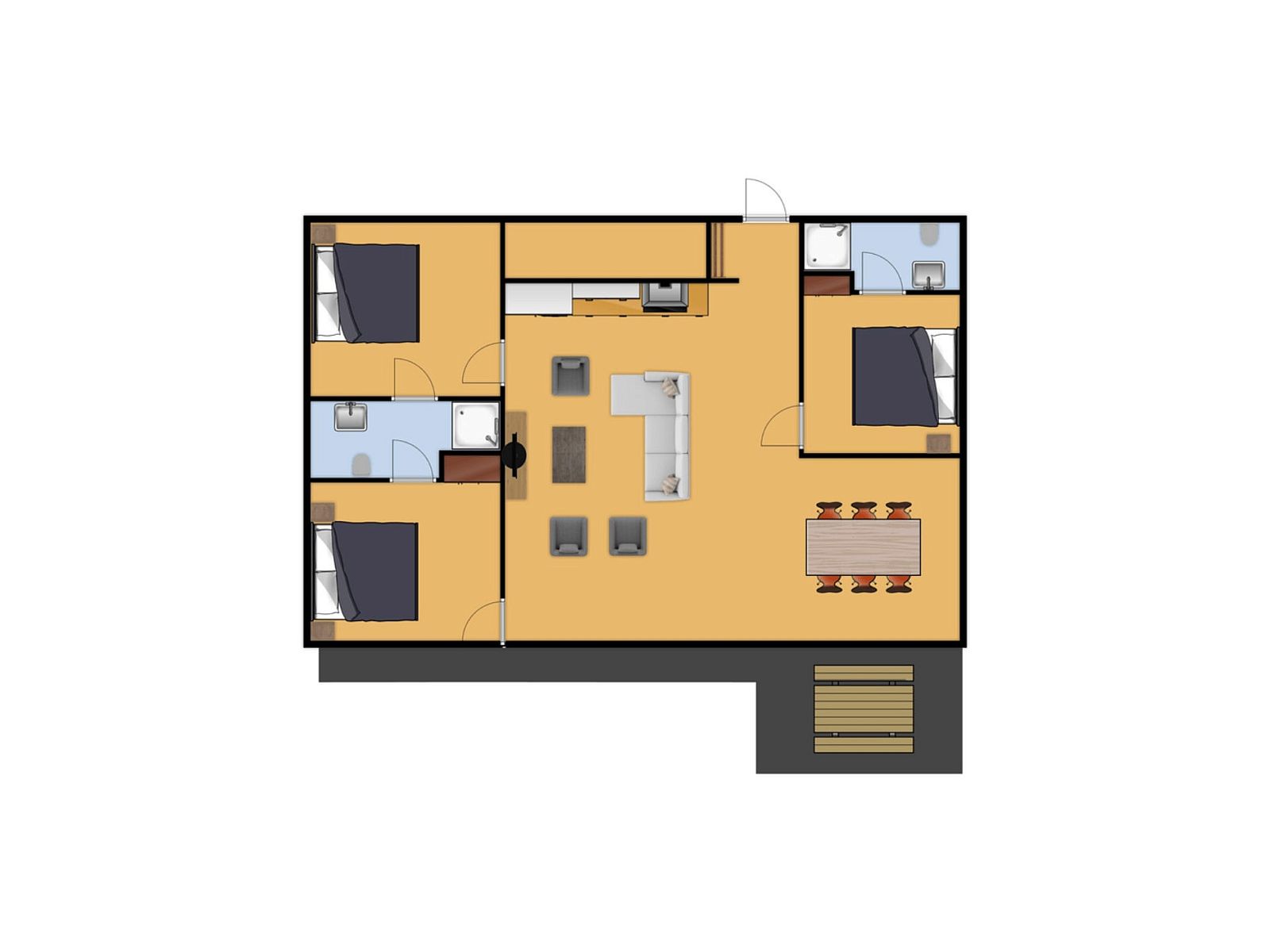 Plattegrond van Bungalow de Boei in Kamperland, toont indeling en ruimtes in Noord-Beveland, Zeeland.