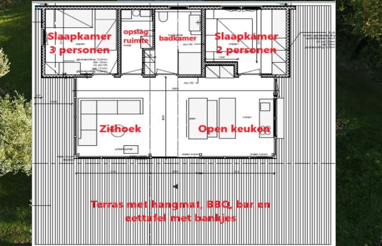 Plan eines Ferienhauses in Kamperland mit Raumaufteilung und Terrasse in Zeeland.