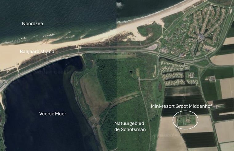 Satellitenbild der Lage des Ferienhauses in Kamperland, nahe der Kueste von Noord-Beveland, Zeeland.