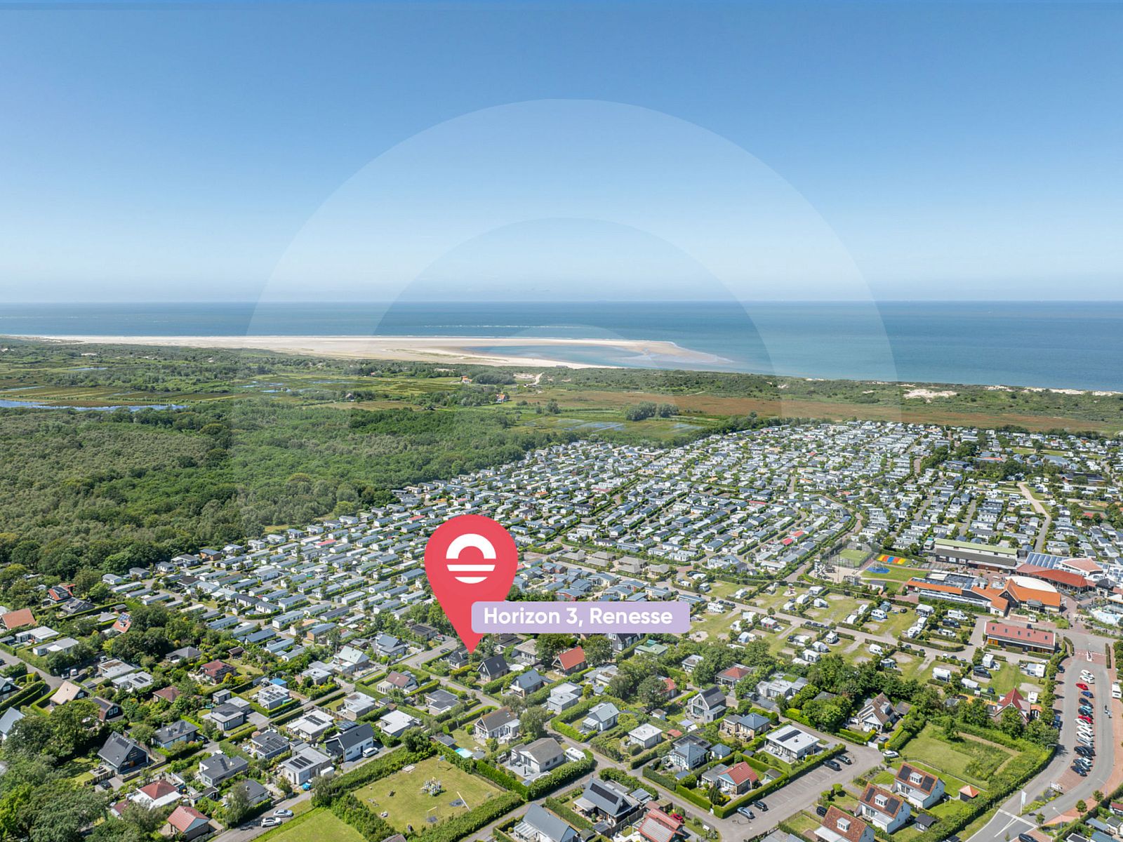 Aerial view of Renesse with Holiday Home Horizon by the Sea, located in the beautiful surroundings of Zeeland.