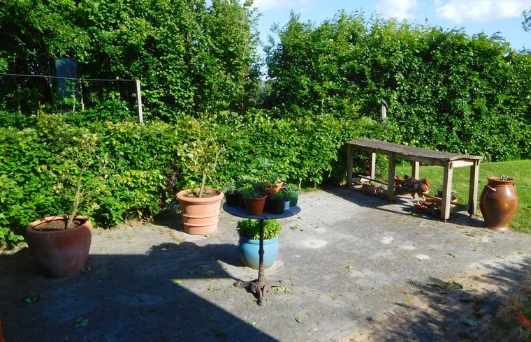 Blick aus dem Fenster des Ferienhauses in Dreischor, einem Ferienhaus in Schouwen-Duiveland, Zeeland, mit einem gruenen Garten und einem Teich.
