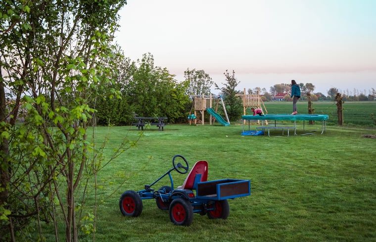 Kinder spielen auf dem Rasen des Ferienhauses in Looperskapelle, Schouwen-Duiveland.
