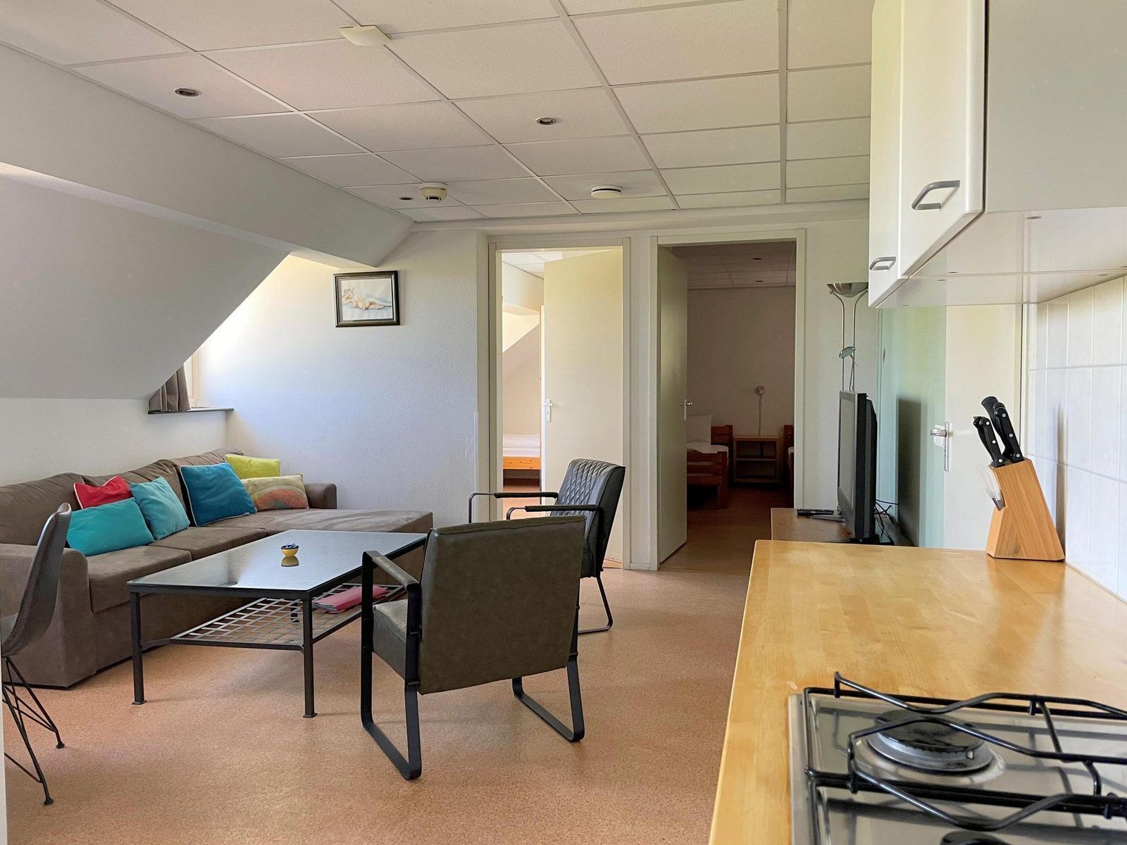 Open kitchen and living room of VZ034 Apartment Koudekerke, vacation home in Koudekerke, Walcheren, with modern amenities.