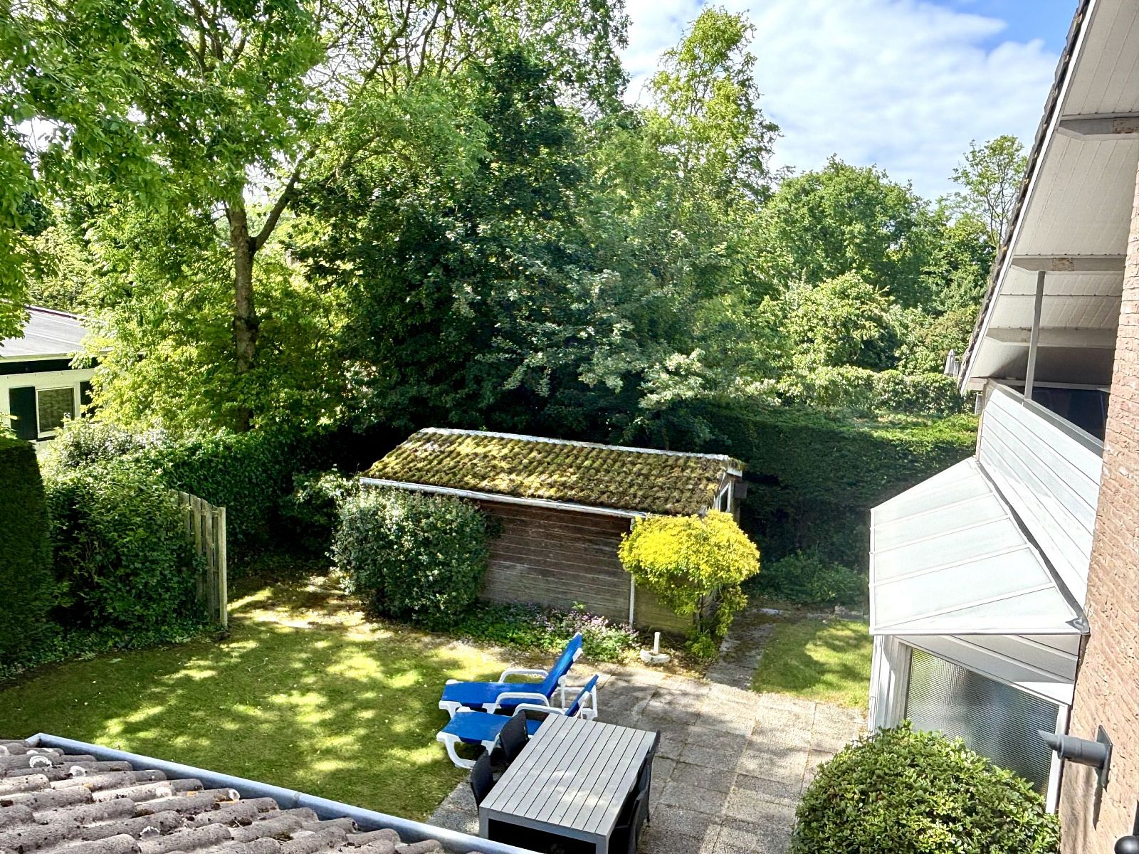 Uitzicht op de groene omgeving vanuit Appartement Boszicht 6, Oostkapelle, Walcheren, Zeeland.