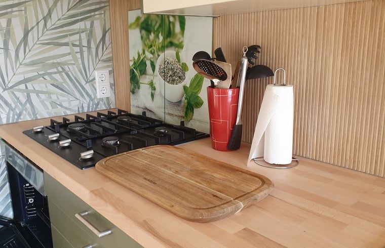 Keukenblad met kookplaat in Vakantiehuisje in Vlissingen, ideaal voor kookliefhebbers in Zeeland.
