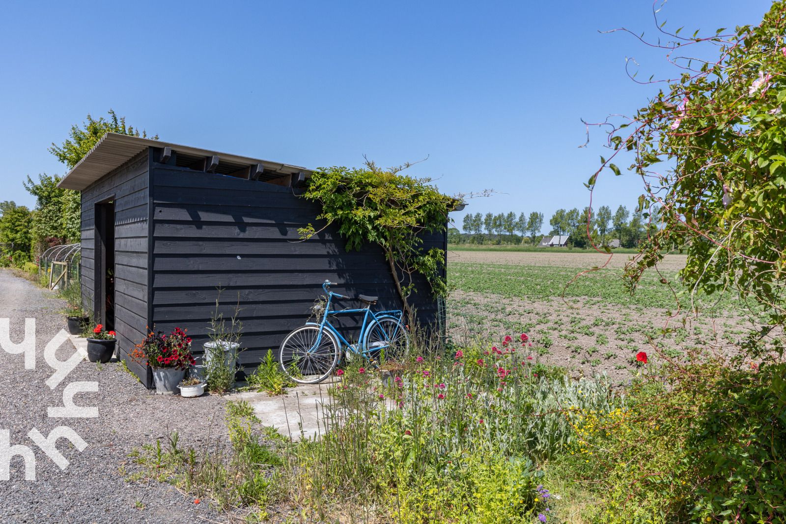 Draufsicht auf das Ferienhaus ZE583 in Vrouwenpolder, Walcheren, mit grossem Garten und Feldern in Zeeland.