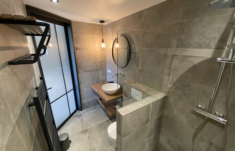 Stylish bathroom in Holiday Home in Vrouwenpolder, Walcheren, Zeeland with spacious shower.