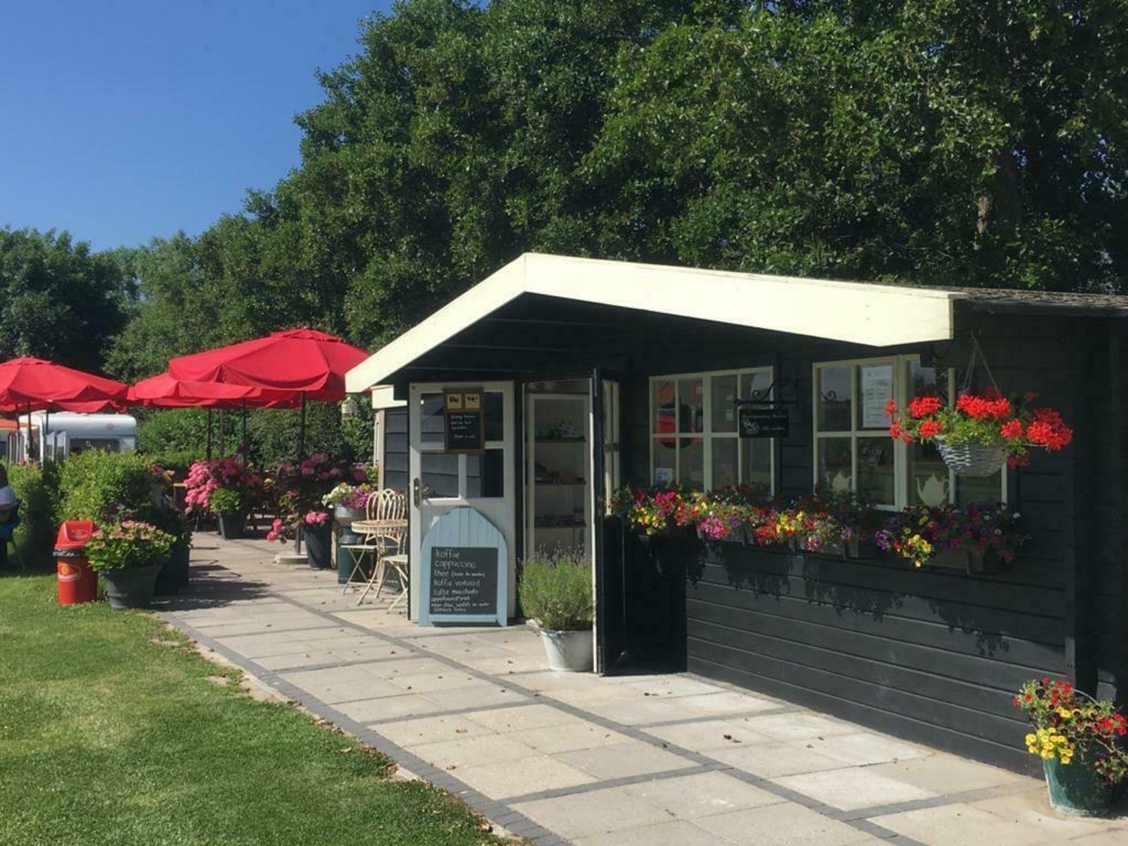 Terrace with red parasols at VZ235 Chalet Veere in Veere, Zeeland