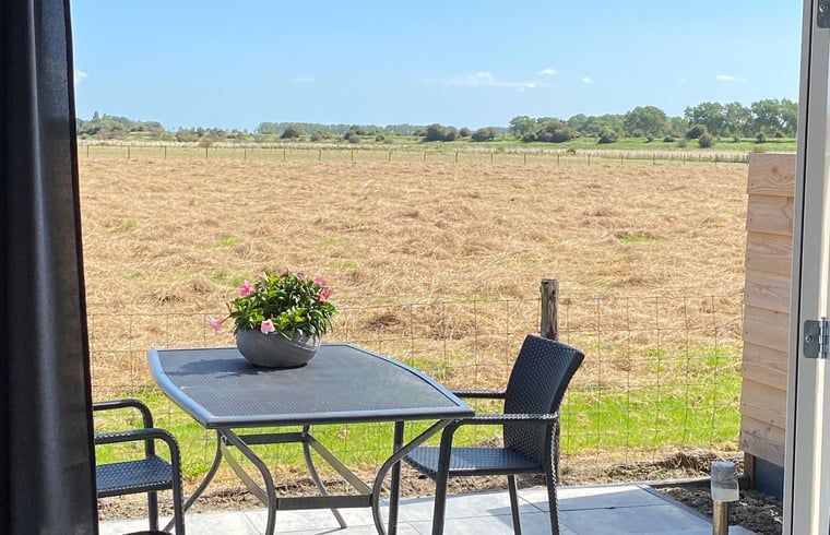 Geniet van het landelijke uitzicht vanaf het terras van Huisje in Middelburg, een idyllisch vakantiehuis op Walcheren, Zeeland.