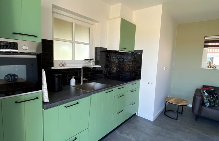 Moderne keuken in Huisje in Middelburg, een vakantiehuis in Walcheren, Zeeland, met groene kasten en een stijlvol zwart aanrecht.