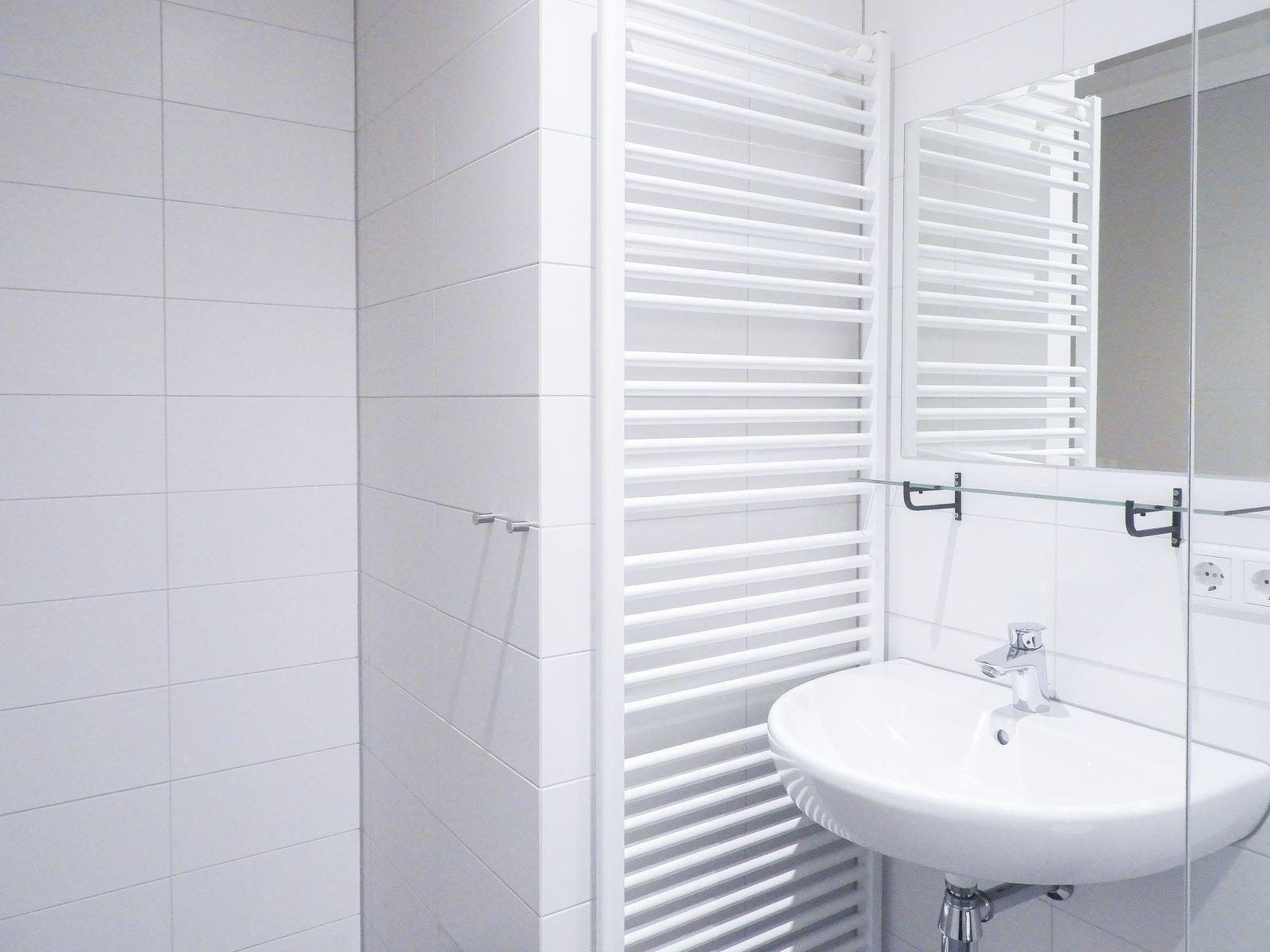 VZ629 Vakantieappartement Grijpskerke, badkamer met wastafel en handdoekradiator in Grijpskerke, Zeeland.