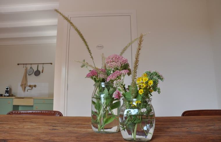 Moderne wastafel met spiegel in badkamer van Vakantiehuis in Nieuw- en Sint Joosland, Walcheren, Zeeland.