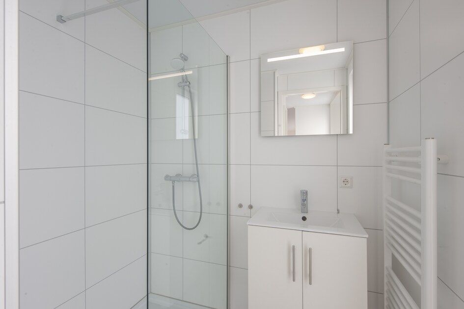 Modernes Badezimmer im Ferienhaus L4 Comfort in Nieuwvliet-Bad, Zeeland, mit geraeumiger Dusche und elegantem Waschbecken.