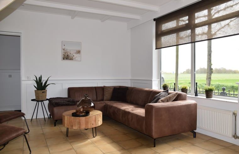 Stilvolles Wohnzimmer im Ferienhaus in Schoondijke, Zeeuws-Vlaanderen, mit einem bequemen braunen Ledersofa und Blick auf die natuerliche Umgebung.