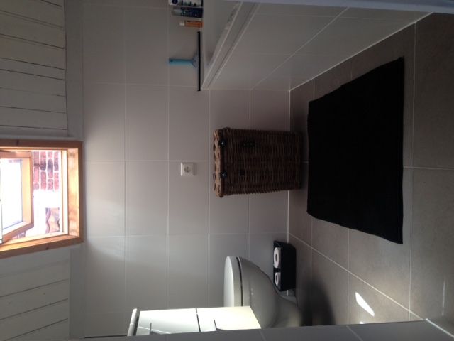 Moderne badkamer met dakraam in vakantiehuis Landstraat, Aardenburg, Zeeuws-Vlaanderen.