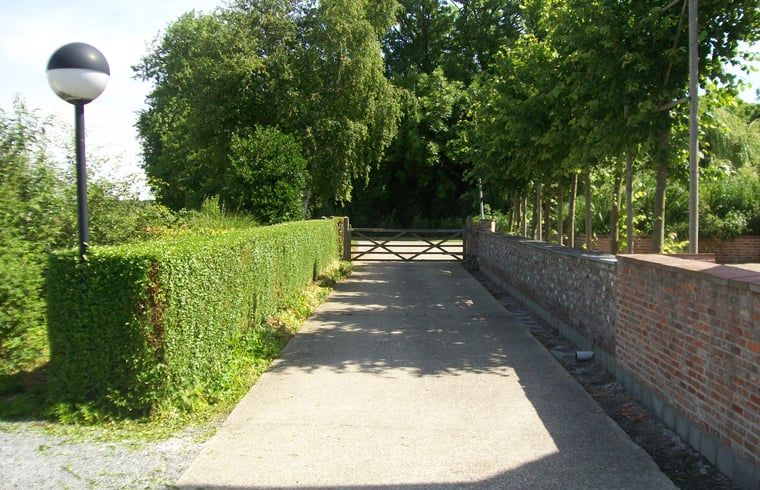 Oprit naar Vakantiehuis in Sluis omringd door groen en bomen, gelegen in het serene Zeeuws-Vlaanderen, Zeeland.
