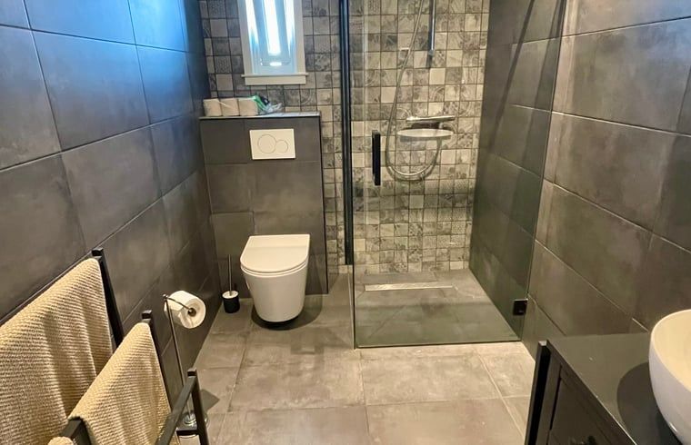 Stijlvolle badkamer met inloopdouche in Vakantiehuis in Lewedorp, luxe in Zuid-Beveland, Zeeland.