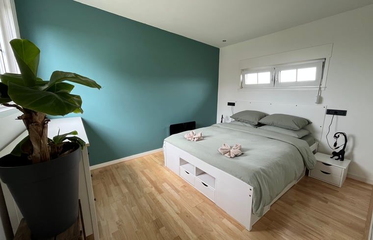 Slaapkamer met groene muur in Vakantiehuis in Lewedorp, rustgevende sfeer in Zuid-Beveland, Zeeland.