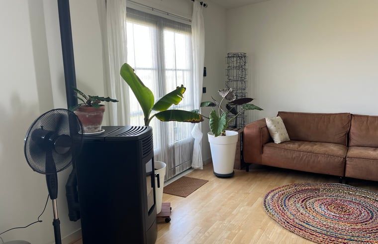 Woonkamer met planten en bank in Vakantiehuis in Lewedorp, huiselijke sfeer in Zuid-Beveland, Zeeland.