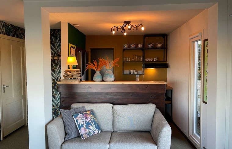 Gemuetlicher Innenbereich des Ferienhauses Cottage in Brandwijk, mit bequemem Sofa und stimmungsvoller Beleuchtung.