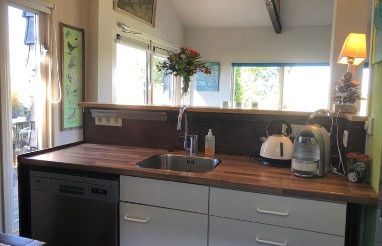 Kuechenecke des Ferienhauses in Brandwijk mit Blick auf die Terrasse und modernen Geraeten.