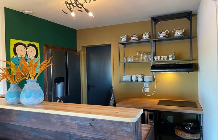 Stilvolle Kueche im Ferienhaus Cottage in Brandwijk, Alblasserwaard mit offenem Regal.