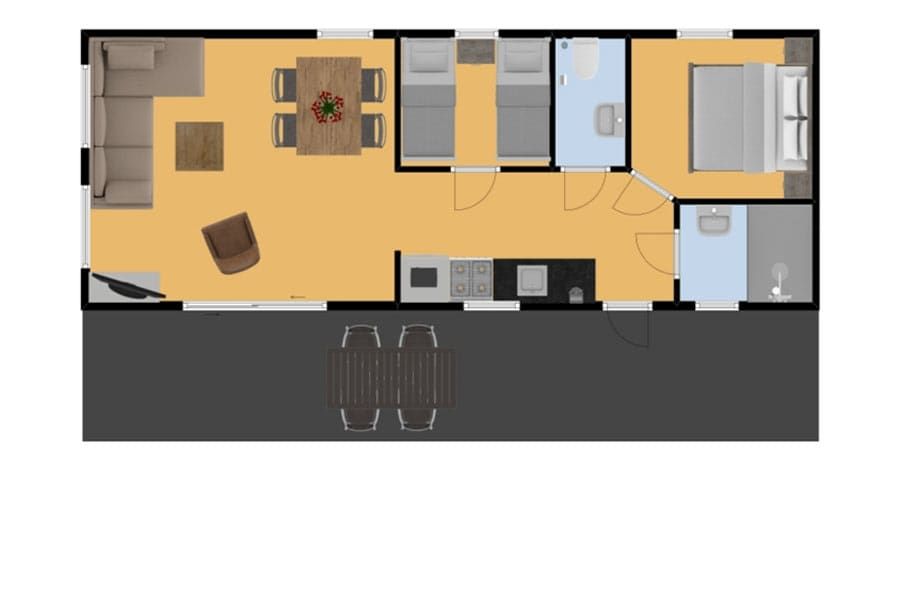 Grundriss von Chalet Ouddorp in Goeree-Overflakkee, Suedholland, mit geraeumigem Wohnzimmer, moderner Kueche und komfortablen Schlafzimmern.