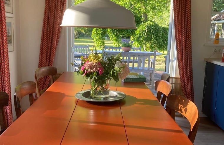 Esstisch mit Blumen im Ferienhaus in Goedereede, Blick auf den gruenen Garten in Suedholland.