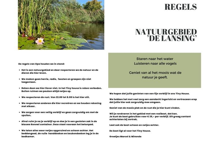 Regels en richtlijnen voor natuurgebied bij Vakantiehuis in Reeuwijk, Groene Hart, Zuid-Holland.