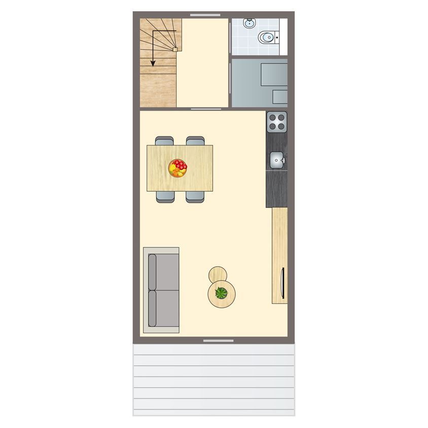Plattegrond begane grond van De Reeuwijkse Plassen 2-persoons waterwoning 2C, Reeuwijk, Zuid-Holland.