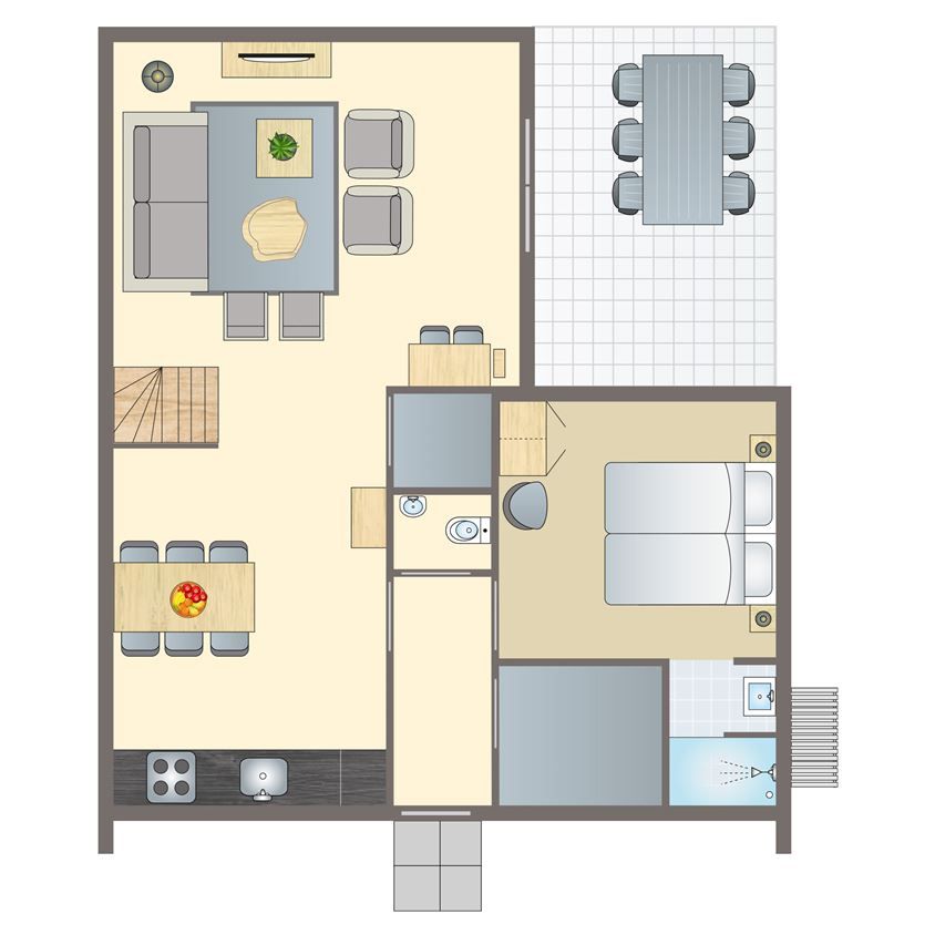 Plattegrond begane grond van De Reeuwijkse Plassen 6-persoons kinderwoning 6CK2, Reeuwijk, met overzicht van kamers.