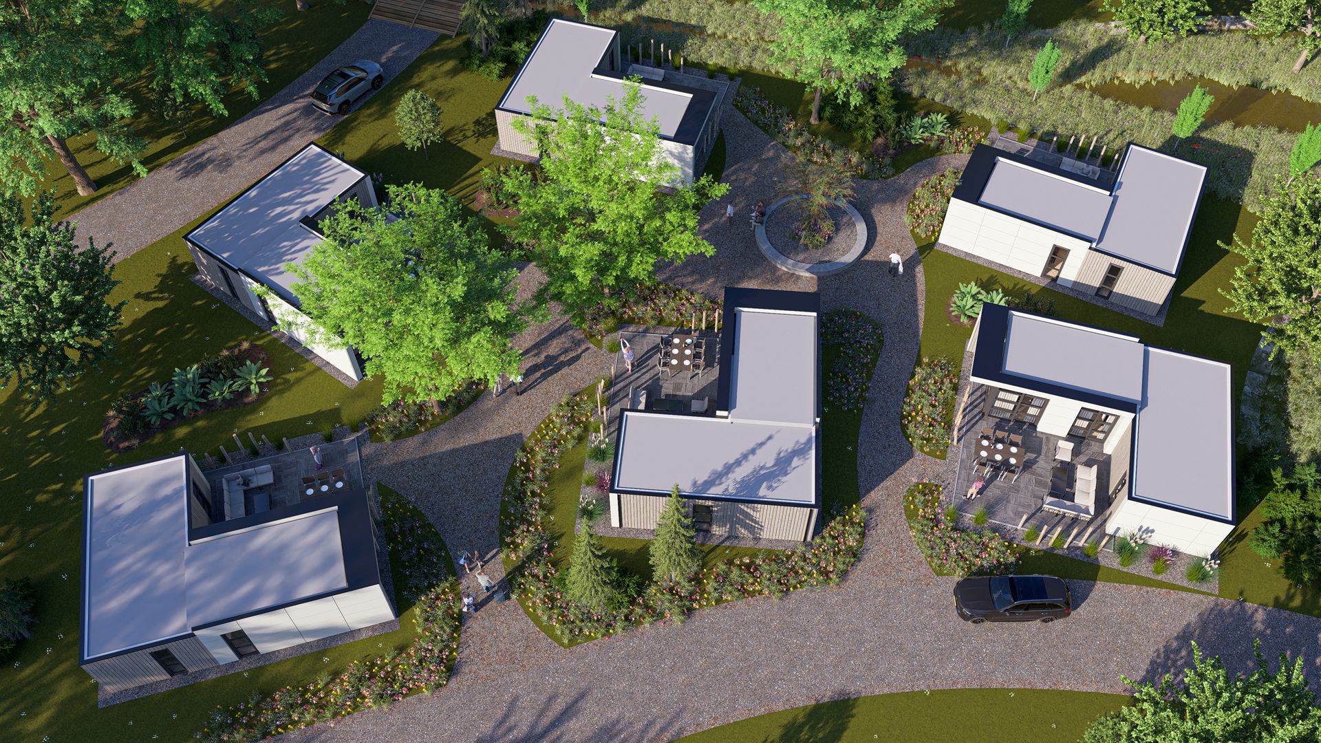 Luftaufnahme eines freistehenden Hauses in Warmond, Ferienhaus umgeben von Grn im Grnen Herzen, Sdholland.