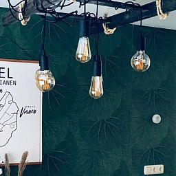 Stilvolles Interieur von Unique 10 pers. Farm Lodge De Slufter in 'Hoeve Vianen' in De Cocksdorp, Texel, mit moderner Beleuchtung.