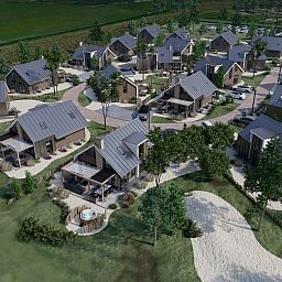 Aerial view of Chalet in De Cocksdorp, Texel, with panoramic views of vacation homes and nature on the Wadden Islands.