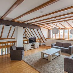 Ruime woonkamer in Type W vakantiehuis, De Cocksdorp Texel met houten balken en veel licht.