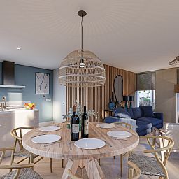 Luxurises Interieur eines freistehenden Hauses in De Cocksdorp, Texel, mit moderner Kche und stimmungsvollem Wohnzimmer in einem Ferienhaus auf den Watteninseln.