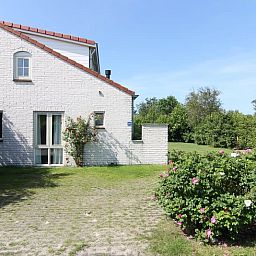 Vakantiehuis D 800 in De Cocksdorp, Texel, omgeven door groen en bloemen, ideaal voor een ontspannen verblijf op de Waddeneilanden.