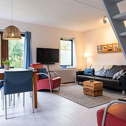 Gemuetliches Wohnzimmer des Ferienhauses B 043 in De Cocksdorp, Texel, mit modernen Moebeln und Blick auf die gruene Natur.