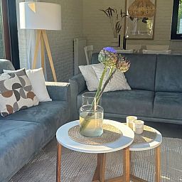 Gezellige woonkamer van Vakantiehuis C 077 in De Cocksdorp, Texel, met comfortabele banken en stijlvolle inrichting.